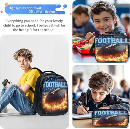 Football Backpack Set 3 Piece School Bags and Lunch Box with Pencil Case American Flag Football Bookbag Set for Toddler Kids Girls Boys Teens Kindergarten Elementary Middle