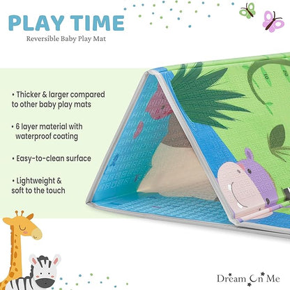 Dream On Me Play Time Reversible Baby Play Mat Foldable Extra Large Thick Foam Crawling Playmats for Toddlers Waterproof Portable Playmat, Happy Feet