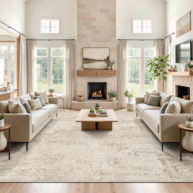 Art&Tuft Washable Rugs 9x12, Ultra Thin Anti-Slip Backing Abstract 9x12 Rug, Low Pile Stain Resistant Area Rugs for Living Room, Foldable Machine Washable Area Rug (9'x12', Beige)