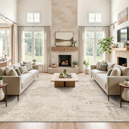 Art&Tuft Washable Rugs 9x12, Ultra Thin Anti-Slip Backing Abstract 9x12 Rug, Low Pile Stain Resistant Area Rugs for Living Room, Foldable Machine Washable Area Rug (9'x12', Beige)
