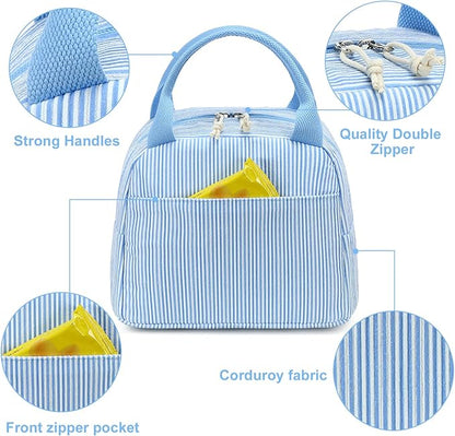 LEDAOU Lunch Box for Women Insulated Lunch Bag Corduroy Lunch Tote Bags Leakproof Cooler Lunch Case for Travel Work Picnic (K-Stripes-Blue)