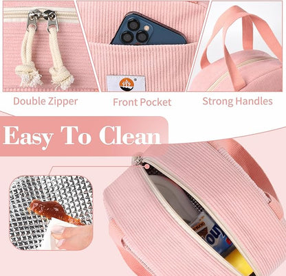 Lunch Box Lunch Bag for Women Girls Teens, Cute Lunch Box Cooler Bag, Portable Small Insulated LunchBox Reusable Corduroy Lunch Tote for Work/Travel/Picnic/School(Pink)