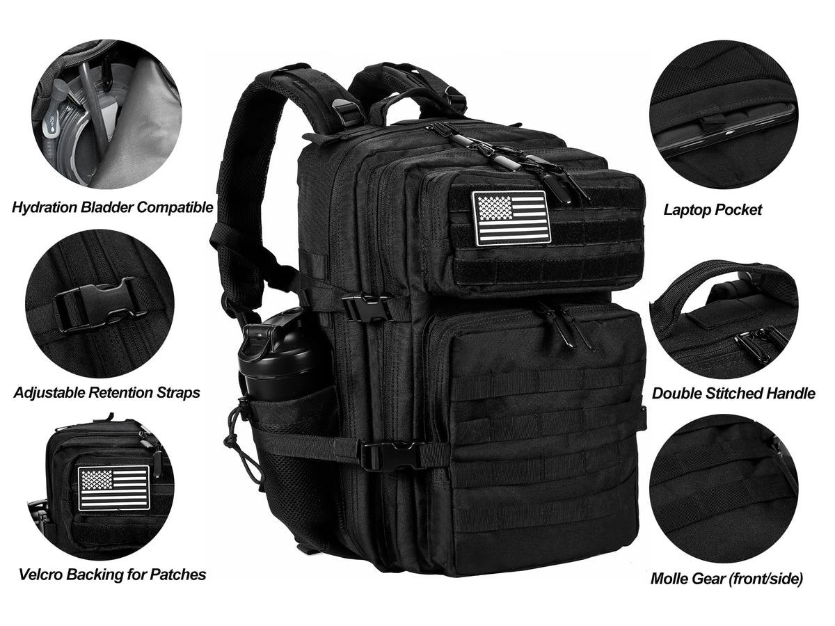 LHI Military Tactical Backpack for Men and Women 45L Army 3 Days Assault Pack Bag Large Rucksack with Molle System - Black