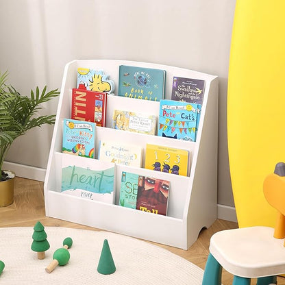 TOETOL 4-Tier Kids Bookshelf - Toddler Book Display Shelves for Classrooms, Playrooms, and Nursery - Wooden Children Book Rack (White)