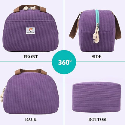 Lunch Box Lunch Bag for Women Girls Teens, Cute Lunch Box Cooler Bag, Portable Small Insulated LunchBox Reusable Corduroy Lunch Tote for Work/Travel/Picnic/School (Purple)