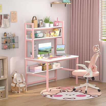 Aquzee Pink Desk with Hutch for Girls, 47in Computer Desk with Bookshelf for Teens Adults, Craft Table for Bedroom Kids Room, White Pink Study Table with Shelves for Storage