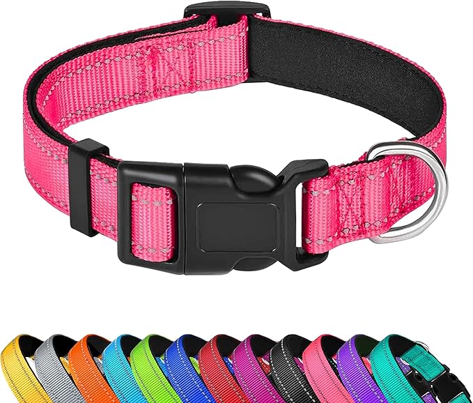 Reflective Dog Collar, Adjustable Soft Neoprene Padded Nylon Pet Collars with Buckle for Medium Dogs, Hotpink,M