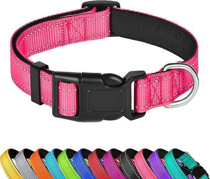 Reflective Dog Collar, Adjustable Soft Neoprene Padded Nylon Pet Collars with Buckle for Medium Dogs, Hotpink,M