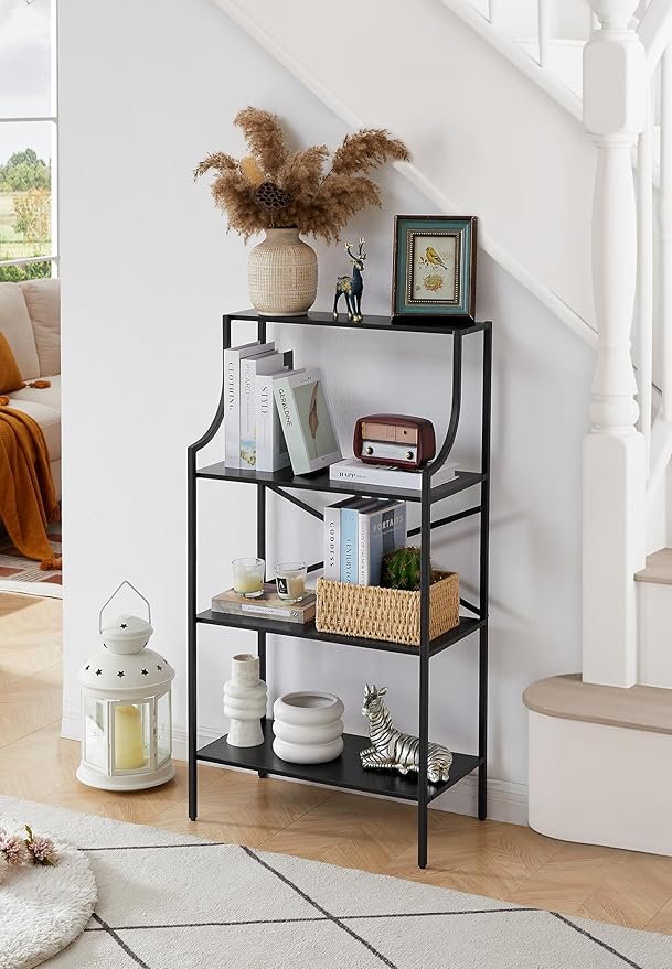 4 Tier Bookshelf, Entryway Standing Shelf Units with Storage, Small Bookcases with Open Shelves, Home Storage Shelving for Bedroom, Study, Living Room, Wood Black