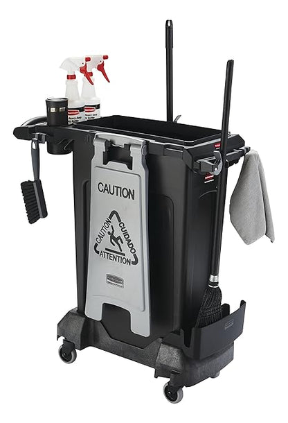 Rubbermaid Commercial Products Slim Jim Rim Caddy Kit + 23-Gallon Container Trash Can/Utility Cart, Black, Janitorial/Housekeeping Cart for Office/School/Hospital/Public Facility