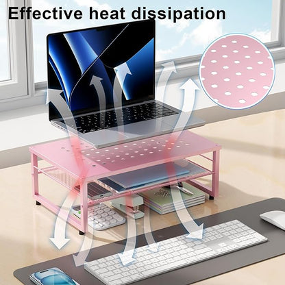 Gianotter 2-Tier Metal Monitor Stand Riser, Workspace Organizer with Desk Accessories, Office Storage for Supplies (Pink)