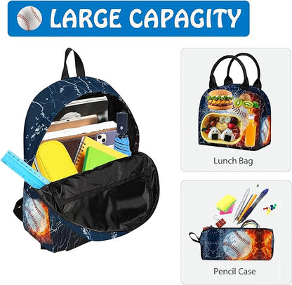 3PCS Backpack for Boys Girls, Kids Baseball Back to School Backpack Sets with Lunch Bag Pencil Case, 17 Inch Lightweight Bookpack 3 in 1 Set for Teens Elementary Middle High School Students