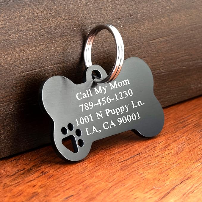 Ultra Joys Dog Tags Personalized for Pets - Hollow Paw Custom Pet ID Tag - Engraved Dog Tag for Small, Large Dogs - Large Bone in Black