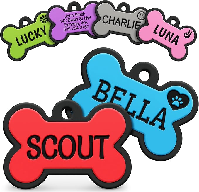 GoTags Silicone Dog Tags, Soundless Pet Tag, Personalized Silent Tag Engraved for Pets with Cute Custom Designs, for Dogs and Cats, (Bone, Red)