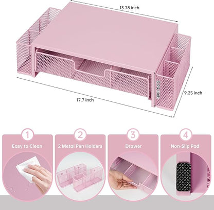 Computer Monitor Stand Riser with Drawer and Pen Holders, Desk Organizer Shelf and Accessories, Office Desk Accessories, Office Organization, Pink
