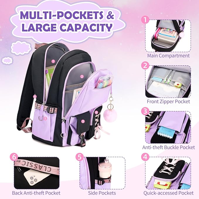 Backpacks for Girls, Girls Backpack with Lunch Box and Pencil Case for Teen Kids Elementary Middle High School College Student, Children School Backpack Bookbag with USB Charging Port (Purple)