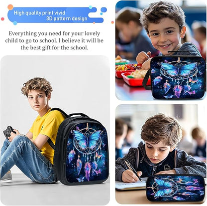 Butterfly Backpack Set 3 Piece School Bags and Lunch Box with Pencil Case Blue Butterfly Dream Catcher Bookbag Set for Toddler Kids Girls Boys Teens Kindergarten Elementary Middle