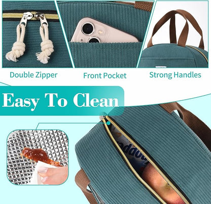 Lunch Box Lunch Bag for Women Girls Teens, Cute Lunch Box Cooler Bag, Portable Small Insulated LunchBox Reusable Corduroy Lunch Tote for Work/Travel/Picnic/School (Lake Green)
