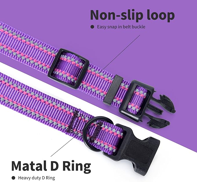 Mile High Life Reflective Dog Collar, Basic Dog Collars Adjustable Quick Release, Soft Nylon Pet Collar with Metal D-Ring for Small Medium Large Dogs (Purple, S Neck11-15")