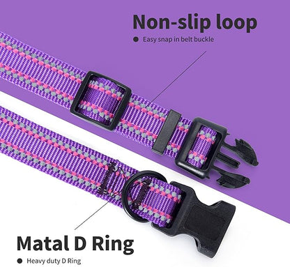 Mile High Life Reflective Dog Collar, Basic Dog Collars Adjustable Quick Release, Soft Nylon Pet Collar with Metal D-Ring for Small Medium Large Dogs (Purple, L Neck15-19")