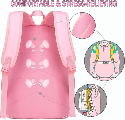 School Backpack for Girls Teens Bookbag with Lunch Box Set Kids Backpack Elementary Middle School Bag Daypack, Pink Cow