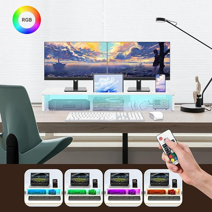 TV Riser Stand with LED Lights, 42.5in Super Large Monitor Stand with Phone Tablet Holder, Tabletop TV Stand Riser for Desk, Desktop Organizer for Computer, TV, Laptop, Printer