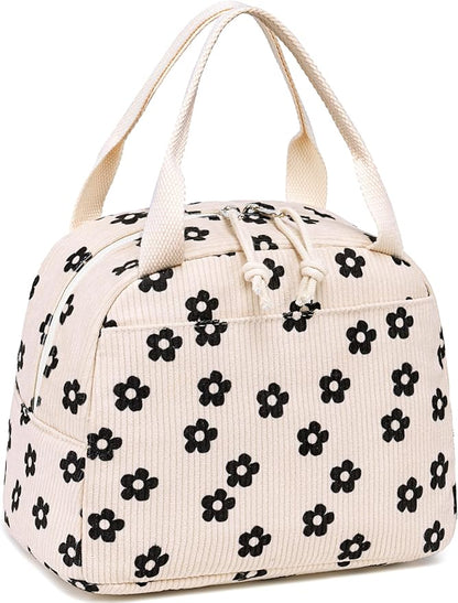 LEDAOU Lunch Box for Women Insulated Lunch Bag Corduroy Lunch Tote Bags Leakproof Cooler Lunch Case for Travel Work Picnic (Black Floral)