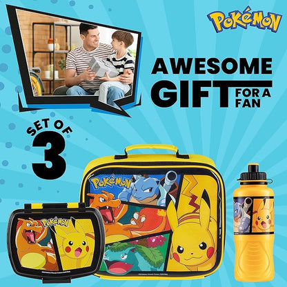 Pokemon Insulated Lunch Bag with Lunch Box Water Bottle Set for Kids 3 Piece School Snack Bag Pikachu Gifts for Kids (Yellow)