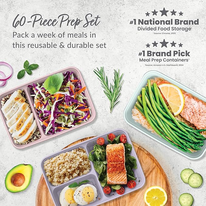 Bentgo Prep 60-Piece Meal Prep Kit - Reusable PFAS & BPA-Free Food Containers, 1-Compartment, 2-Compartment, & 3-Compartments - Microwave, Freezer, & Dishwasher Safe (Floral Pastels)