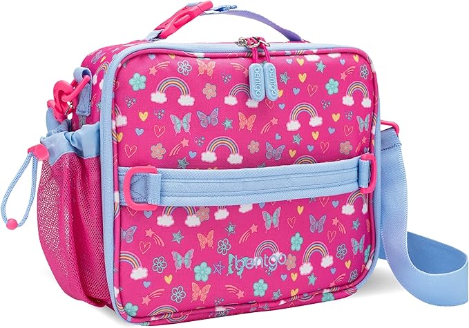 Bentgo Kids Lunch Bag - Double-Insulated, Reusable Lunch Bag for Kids 3+ with Adjustable Strap; Holds Lunch Box/Water Bottle/Snacks; Easy-Clean, Water-Resistant & Pockets (Rainbows & Butterflies)