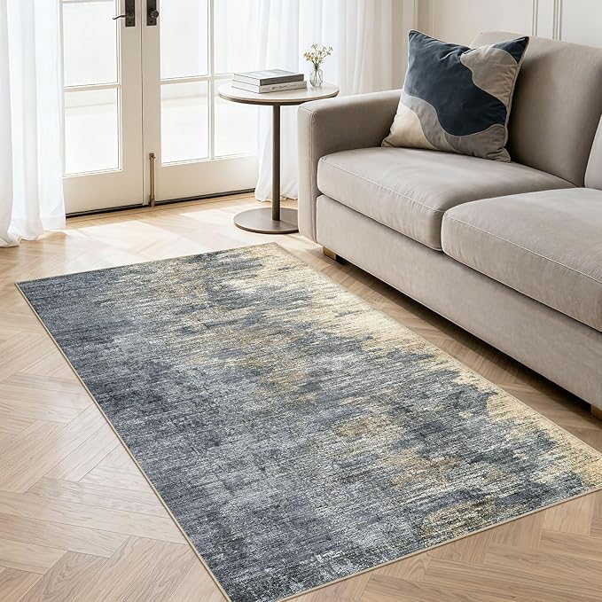 Area Rugs for Living Room: 3x5 Abstract Washable Rug Modern Neutral Large Soft Stain Resistant Non-Slip Backing Machine Table for Bedroom Dining Room Indoor Home Office Carpet - Blue Gold