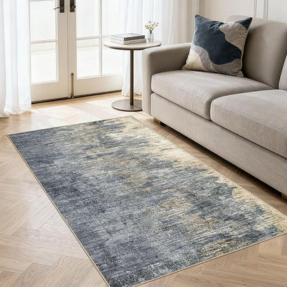 Area Rugs for Living Room: 3x5 Abstract Washable Rug Modern Neutral Large Soft Stain Resistant Non-Slip Backing Machine Table for Bedroom Dining Room Indoor Home Office Carpet - Blue Gold