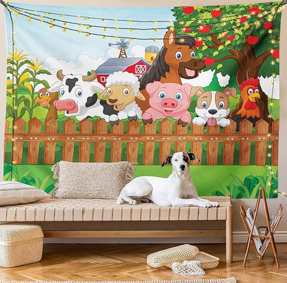 Ambesonne Cartoon Tapestry King Size, Composition Farm Animals on Fence Comic Mascots Dog Cow Horse Design, Wall Hanging Bedspread Bed Cover Wall Decor, 104" X 88", Green Multicolor