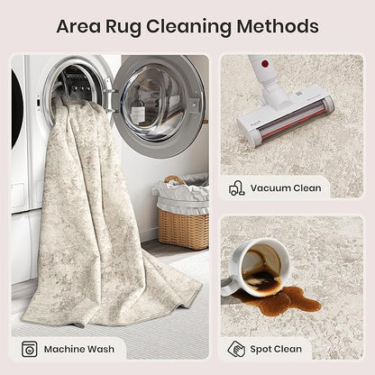 Art&Tuft Washable Rugs 9x12, Ultra Thin Anti-Slip Backing Abstract 9x12 Rug, Low Pile Stain Resistant Area Rugs for Living Room, Foldable Machine Washable Area Rug (9'x12', Beige)