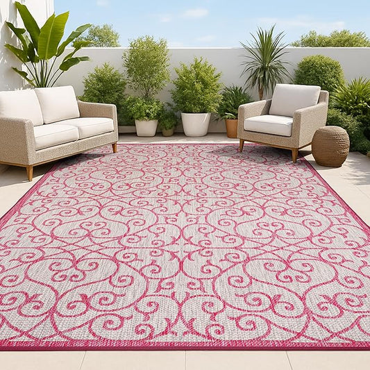 JONATHAN Y Vintage Filigree Indoor Outdoor Area Rug 5X8 Light Gray/Fuchsia, Madrid Textured Weave for Backyard, Patio, Porch, Easy-Cleaning, High Traffic, Pet-Friendly, Non-Shedding (SMB107I-5)
