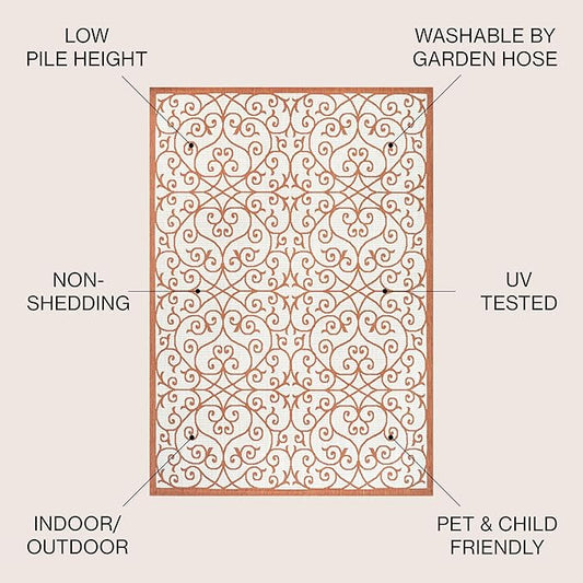 JONATHAN Y Vintage Filigree Indoor Outdoor Area Rug 8X10 Cream/Orange, Madrid Textured Weave for Backyard, Patio, Porch, Easy-Cleaning, High Traffic, Pet-Friendly, Non-Shedding (SMB107L-8)