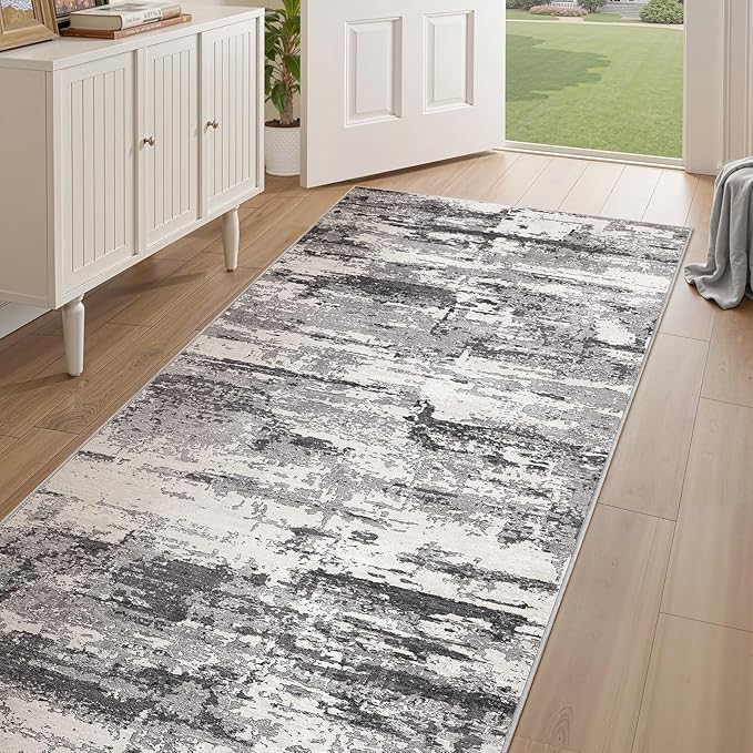 Area Rugs for Living Room: Abstract Washable Rug Modern Neutral Large Soft Stain Resistant Non-Slip Backing Machine Table for Bedroom Dining Room Indoor Home Office Carpet - 3x14 Black Grey