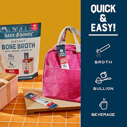Bare Bones Bone Broth Instant Powdered Beverage Mix, Chicken & Beef, Variety Pack of 8, 4 Chicken & 4 Beef - 15g Sticks, 10g Protein, Keto & Paleo Friendly