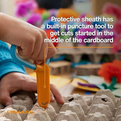 Fiskars Kids Cardboard Creator – Safer Cardboard Cutting Tool with Ergonomic SoftGrip Handle, For Craft and School Supplies, 5 inches