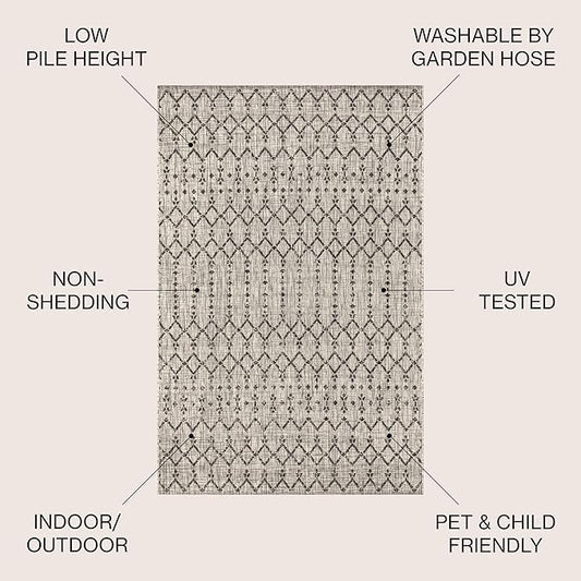 JONATHAN Y Moroccan Geometric Indoor Outdoor Square Area Rug 5X5 Light Gray/Black, Ourika Textured Weave for Backyard, Patio, Porch, Easy-Cleaning, High Traffic Pet-Friendly, Non-Shedding SMB108E-5SQ
