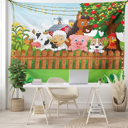 Ambesonne Cartoon Tapestry King Size, Composition Farm Animals on Fence Comic Mascots Dog Cow Horse Design, Wall Hanging Bedspread Bed Cover Wall Decor, 104" X 88", Green Multicolor