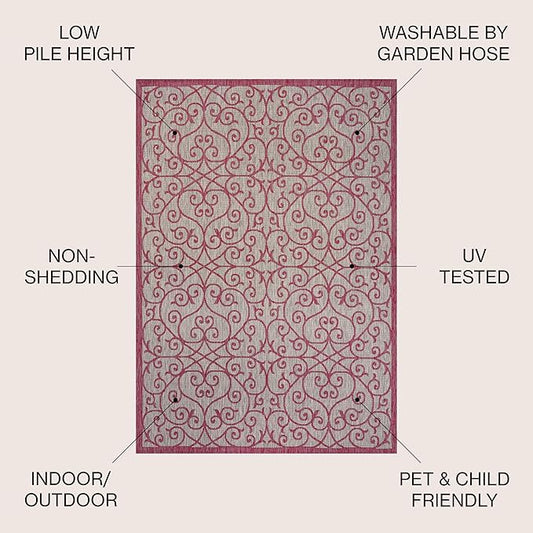 JONATHAN Y Vintage Filigree Indoor Outdoor Area Rug 4X6 Light Gray/Fuchsia, Madrid Textured Weave for Backyard, Patio, Porch, Easy-Cleaning, High Traffic, Pet-Friendly, Non-Shedding (SMB107I-4)