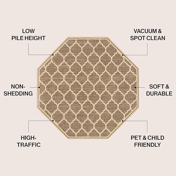 JONATHAN Y Moroccan Trellis Indoor Outdoor Octagon Area Rug 5 Ft Brown/Beige, Trebol Textured Weave for Backyard, Patio, Porch, Easy-Cleaning, High Traffic, Pet-Friendly, Non-Shedding (SMB109A-5TGN)