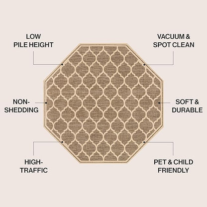 JONATHAN Y Moroccan Trellis Indoor Outdoor Octagon Area Rug 5 Ft Brown/Beige, Trebol Textured Weave for Backyard, Patio, Porch, Easy-Cleaning, High Traffic, Pet-Friendly, Non-Shedding (SMB109A-5TGN)
