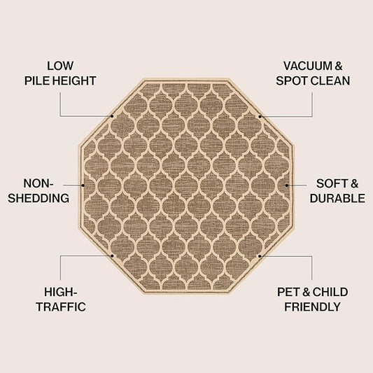 JONATHAN Y Moroccan Trellis Indoor Outdoor Octagon Area Rug 5 Ft Brown/Beige, Trebol Textured Weave for Backyard, Patio, Porch, Easy-Cleaning, High Traffic, Pet-Friendly, Non-Shedding (SMB109A-5TGN)