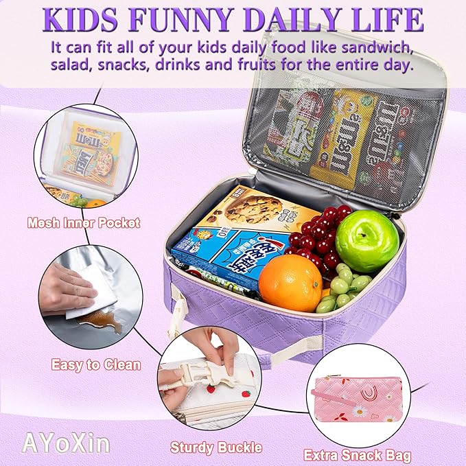 Pink Lunch Box Kids with Sandwich/Snack Bag for Girls Teens for School Insulated Lunch Bag Suitable for Bento Box Lunch Container Lonchera para niñas