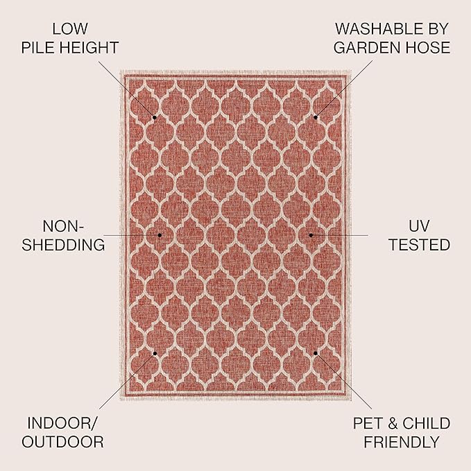 JONATHAN Y Moroccan Trellis Indoor Outdoor Round Area Rug 8 Ft Red/Beige, Trebol Textured Weave for Backyard, Patio, Porch, Easy-Cleaning, High Traffic, Pet-Friendly, Non-Shedding (SMB109C-8R)
