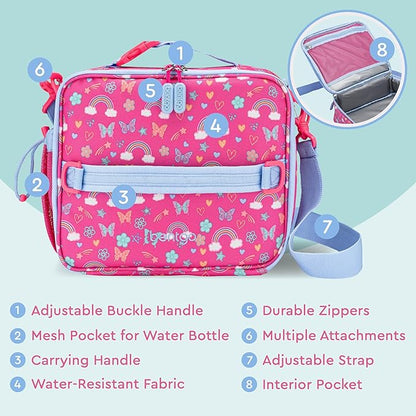 Bentgo Kids Lunch Bag - Double-Insulated, Reusable Lunch Bag for Kids 3+ with Adjustable Strap; Holds Lunch Box/Water Bottle/Snacks; Easy-Clean, Water-Resistant & Pockets (Rainbows & Butterflies)