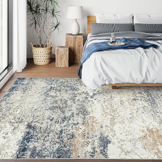 Art&Tuft Washable Rugs 7x9, Anti-Slip Backing Abstract Area Rug 7x9, Stain Resistant Rugs for Living Room, Foldable Machine Washable Area Rug(TPR18-Navy, 7'x9')