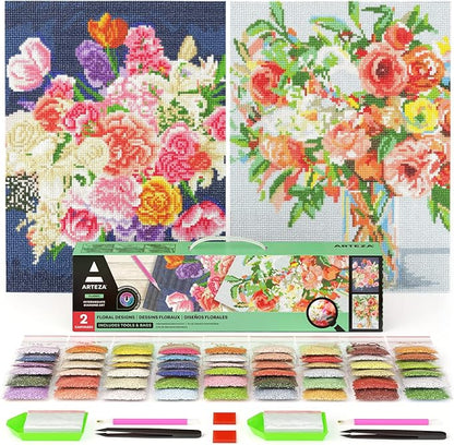 Arteza 5D Diamond Painting Kit, 2-Pack, Floral Designs, Full-Drill Diamond Art for Adults, 12 x 16 Inches Canvases, Round Rhinestones, & Painting Accessories, Bead Art Craft Supplies